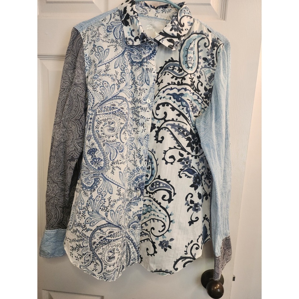 Cino Button Up Shirt Medium Blue 100% Cotton Floral Patchwork Boho Paisley